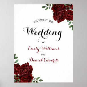 Romantic Burgundy Röd ros Bröllop-tecken Poster