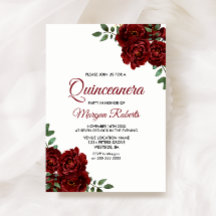 Romantic Burgundy Röd ros Quinceanera Inbjudan