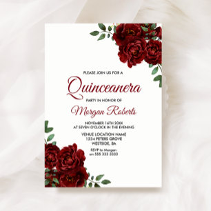 Romantic Burgundy Röd ros Quinceanera Inbjudan