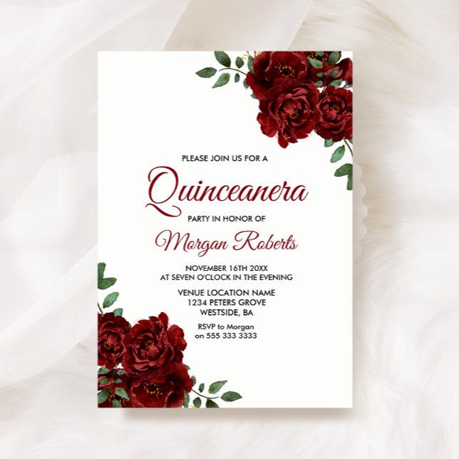 Romantic Burgundy Röd ros Quinceanera Inbjudan (Skapare uppladdad)
