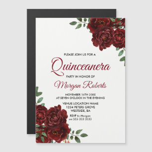 Romantic Burgundy Röd ros Quinceanera Party Magnetisk Inbjudningskort