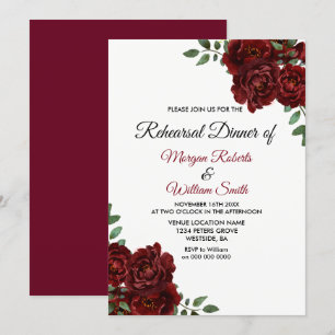 Romantic Burgundy Röd ros Rehearsal Dinner Inbjuda Inbjudningar