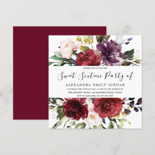 Romantic Burgundy Röd ros Sweet 16 Party Inbjudningar