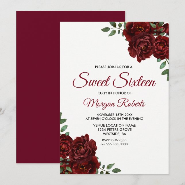 Romantic Burgundy Röd ros Sweet sixteen Inbjudan (Fram/baksida)
