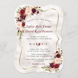Romantic Burgundy Rosa Flowers Marble Bröllop Inbjudningar