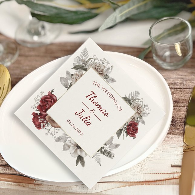 Romantic Burgundy & Silver Blommigt Bröllop Pappersservett (Romantic Burgundy & Silver Floral Wedding Napkins)
