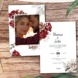 Romantic Burgundy & Silver Blommigt Photo Bröllop Inbjudningar