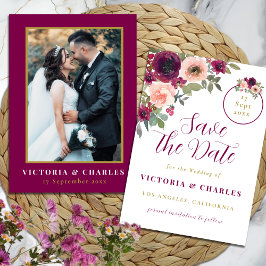 Romantic Burgundy Watercolor Blommigt Bröllop Spara Datumet