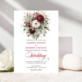 Romantic Burgundy White Floral Gold Wedding Invite Inbjudningar
