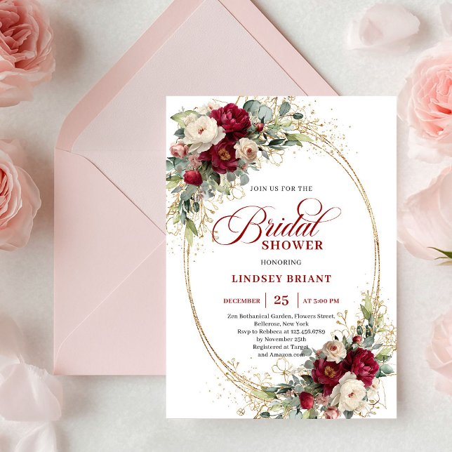 Romantic Burgundy White Roses Gold Bridal Shower  Inbjudningar (Romantic Burgundy White Roses Gold Bridal Shower Invite)