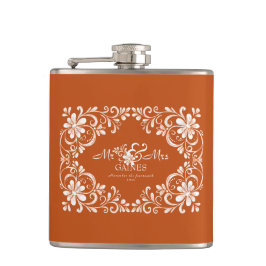 Romantic Burnt Orange Mr & Mrs Bröllop Flask Fickplunta