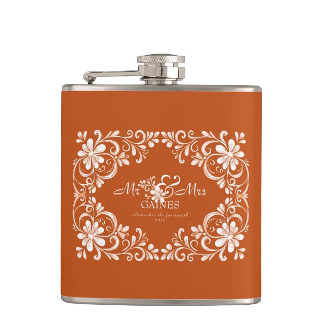 Romantic Burnt Orange Mr & Mrs Bröllop Flask Fickplunta (Framsidan)