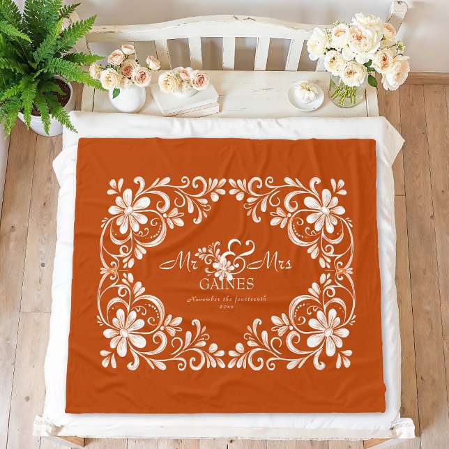 Romantic Burnt Orange Shabby chic Mr & Mrs Blommig Fleecefilt (Skapare uppladdad)