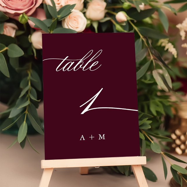 Romantic Calligraphy Bröllop Number 1, Burgundy Bordsnummer (Skapare uppladdad)