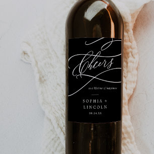 Romantic Calligraphy Mörk Black Cheers Bröllop Vinflaska Etikett