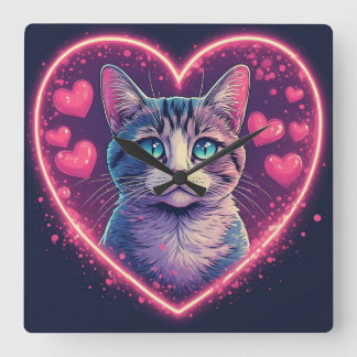 Romantic Cat Lover Gift | Aesthetic Neon Animal Fyrkantig Klocka