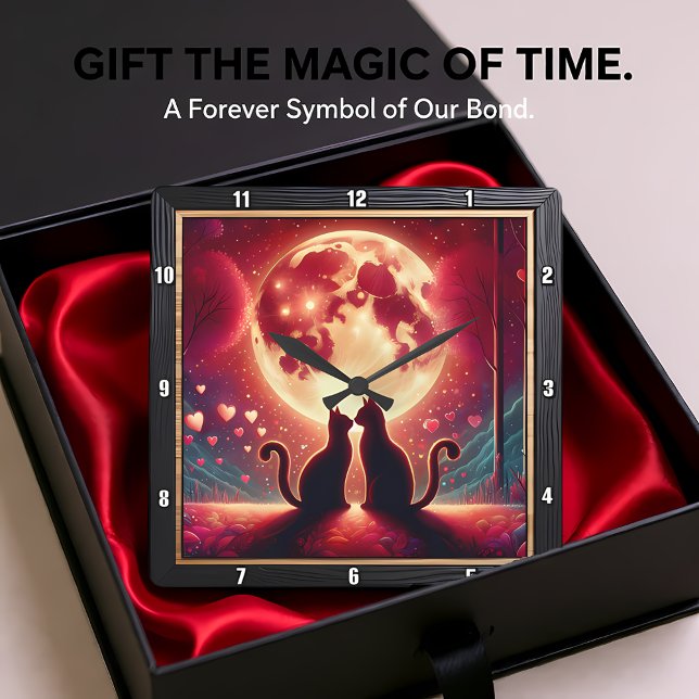 Romantic Cat Silhouette Full Moon Fyrkantig Klocka (Skapare uppladdad)