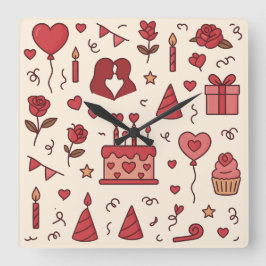 Romantic Celebration Doodle Pattern Fyrkantig Klocka