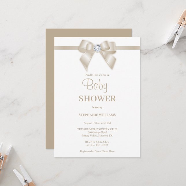 Romantic Champagne Jewel Bow Baby Shower Inbjudningar (Fram/Back In Situ)