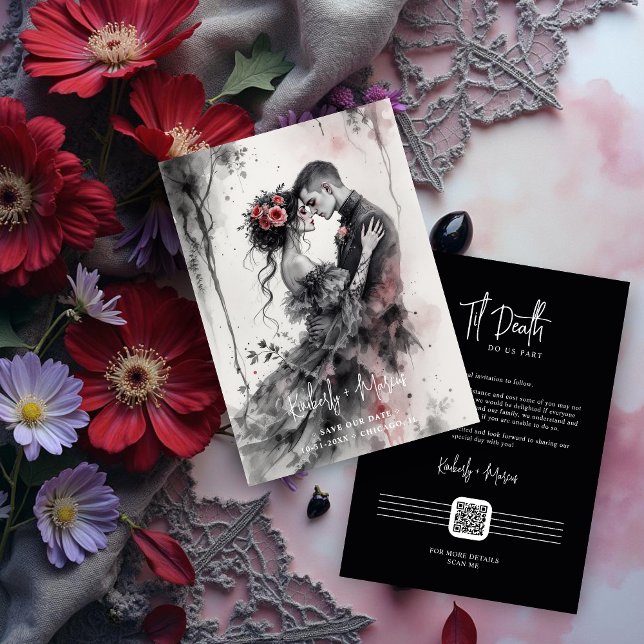 Romantic Chic Charming Gothic Couple Wedding  Spara Datumet (Romantic Chic Charming Gothic Couple Wedding Save the Date Cards with Back QR Code. )