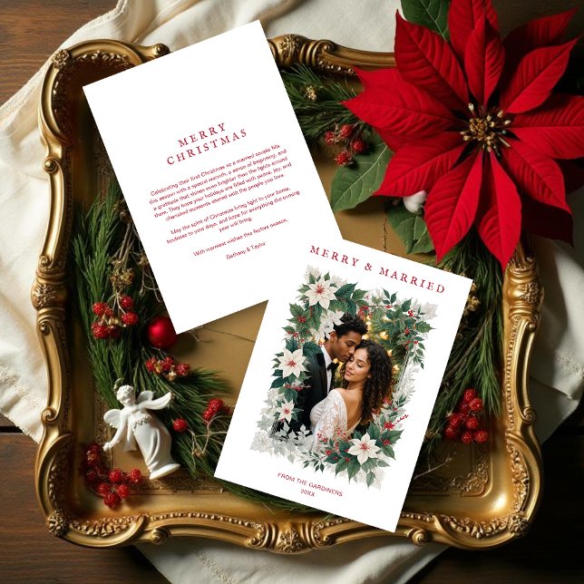 Romantic Christmas Botanical Frame Photo Julkort (Romantic Christmas Botanical Frame Holiday Cards with Photo and white Background for First Christmas)