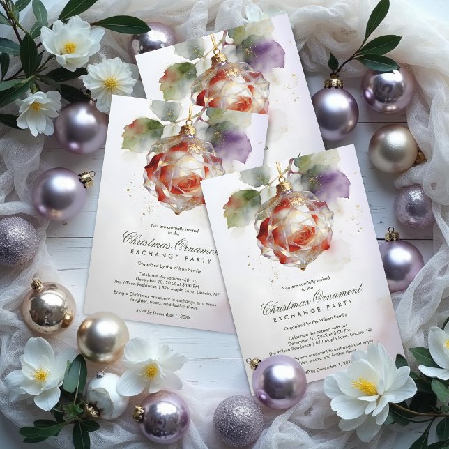 Romantic Christmas Ornament Shaped Like a Rose Inbjudningar (Romantic Christmas Ornament Shaped Like a Rose Watercolor Effect Exchange Party Invitation Card.)