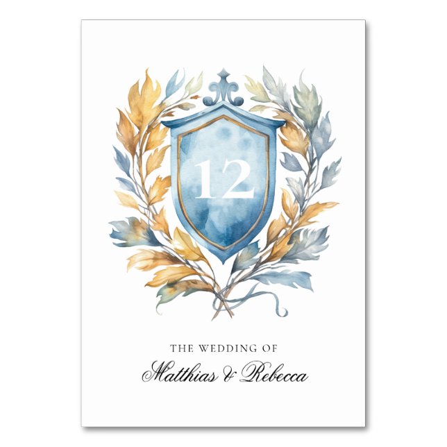 Romantic Classic Blue Monogram Vapensköld Bröllop Bordsnummer (Framsidan)