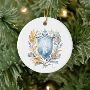 Romantic Classic Blue Monogram Vapensköld Bröllop Julgransprydnad Keramik