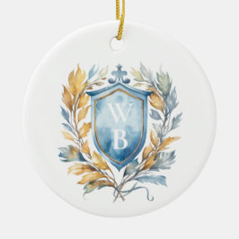 Romantic Classic Blue Monogram Vapensköld Bröllop Julgransprydnad Keramik