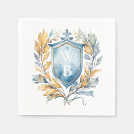 Romantic Classic Blue Monogram Vapensköld Bröllop Pappersservett