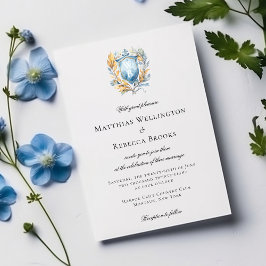 Romantic Classic Blue Vapensköld Monogram Bröllop Inbjudningar