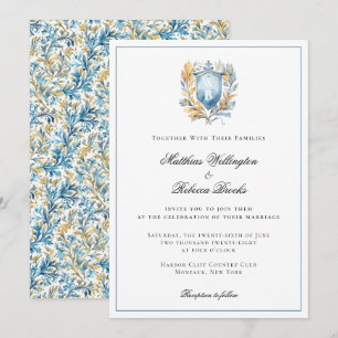 Romantic Classic Blue Vapensköld Monogram Bröllop Inbjudningar