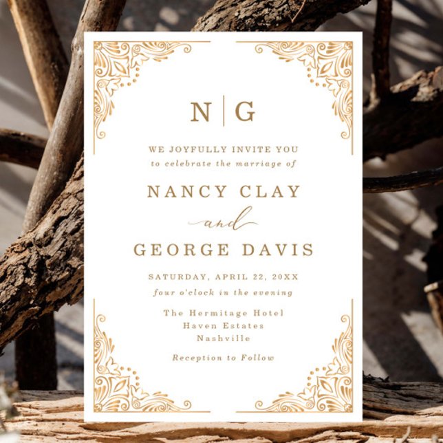 Romantic Classic Monogram Guld Ornate Bröllop Inbjudningar (Skapare uppladdad)