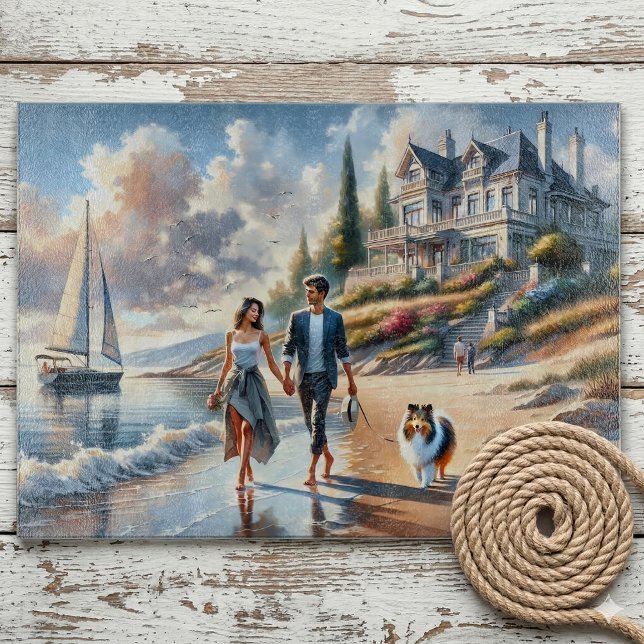 Romantic Coastal Cottage Sunset Stroll (Romantic Coastal Cottage Sunset Stroll Cutting Board On Chipped Paint Porch)