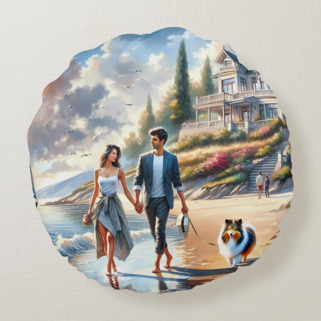 Romantic Coastal Cottage Sunset Stroll Rund Kudde (Baksidan)