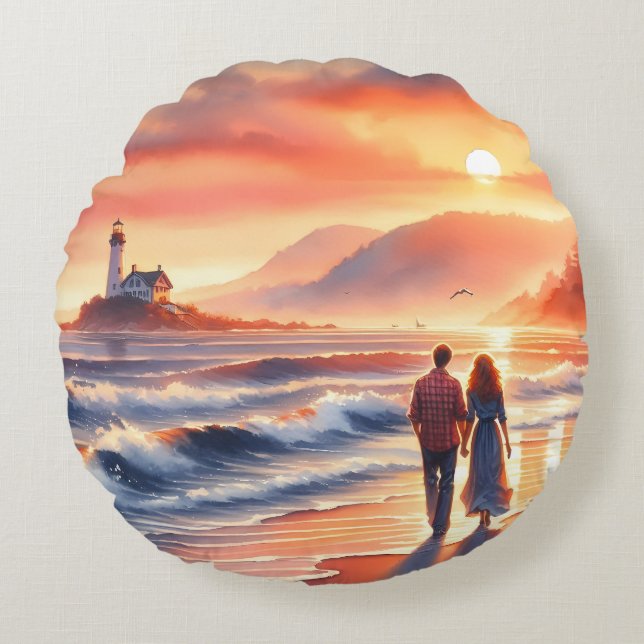 Romantic Coastal Sunset Lighthouse Walk Rund Kudde (Framsidan)