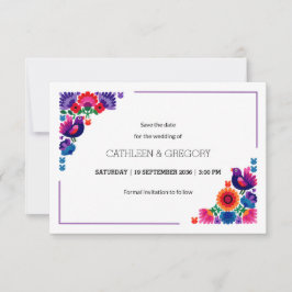 Romantic Colorful Folk Birds and Flowers Wedding Spara Datumet