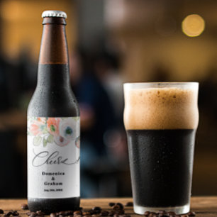 Romantic Coral Blommigt Bröllop Ölflaska Etikett