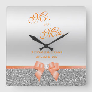 Romantic Coral Bow & Silver Glitter Bröllop Fyrkantig Klocka