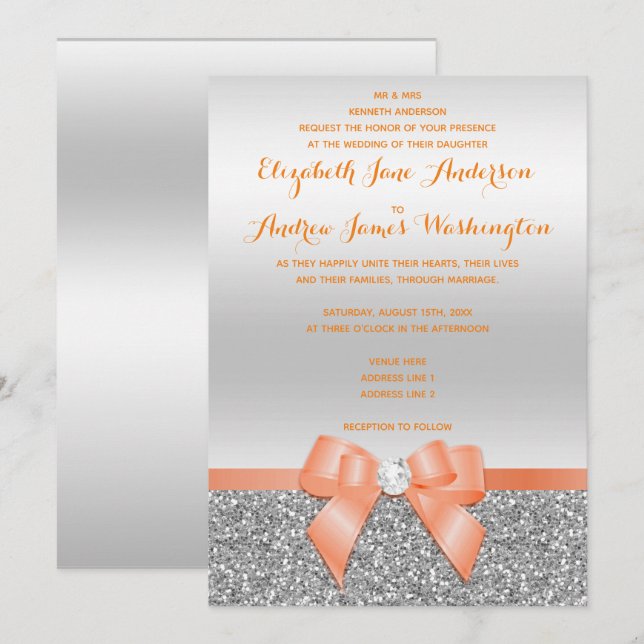 Romantic Coral Bow & Silver Glitter Bröllop Inbjudningar (Fram/baksida)