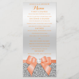 Romantic Coral Bow & Silver Glitter Bröllop Menu Meny