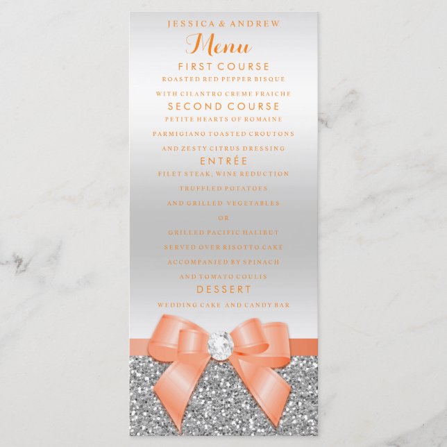 Romantic Coral Bow & Silver Glitter Bröllop Menu Meny (Framsida)