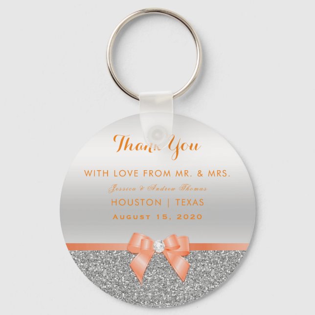 Romantic Coral Bow & Silver Glitter Bröllop Nyckelring (Framsida)