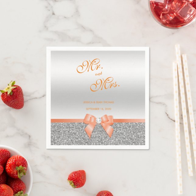 Romantic Coral Bow & Silver Glitter Bröllop Pappersservett (Insitu)