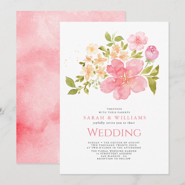 Romantic Coral Peach Flowers Blommigt Boho Bröllop Inbjudningar (Fram/baksida)