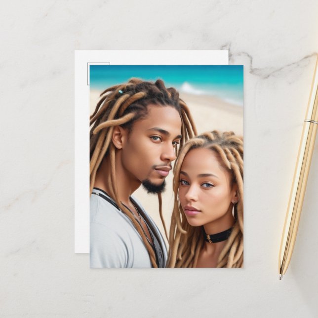 Romantic Couple Beach Digital Art Poster Vykort (Fram/Back In Situ)