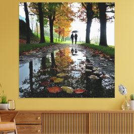 Romantic Couple Rain Stretched Canvas Wall Art