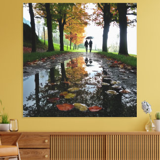 Romantic Couple Rain Stretched Canvas Wall Art