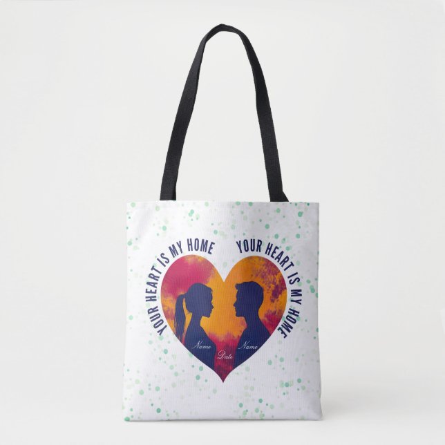 Romantic Couple Silhouette Sunset Heart Tote Bag Tygkasse (Framsida)