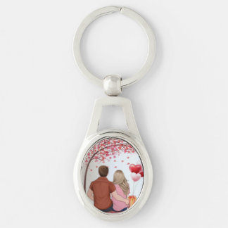 Romantic Couple Under Heart Tree Custom Keychain Ovalt Silverfärgad Nyckelring